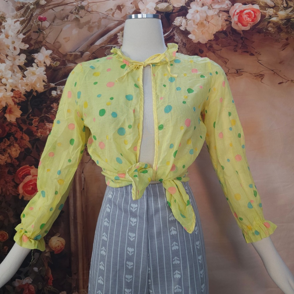Vintage 60s Sheer Yellow Polka Dot Blouse Smock Ruffle Collar Tie Front Top